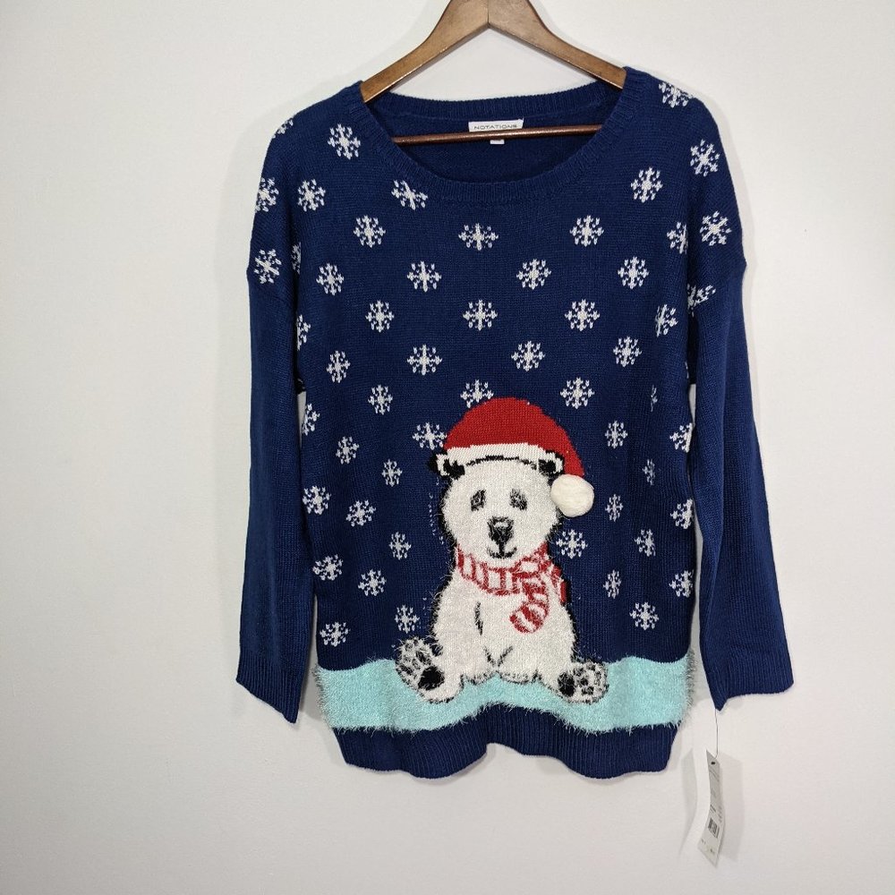 NWT Notations Christmas Holiday Ugly Sweater Womens Blue Polar Bear Snow L